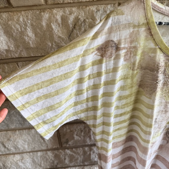 CJ Banks Short Sleeve Stripe Floral Top Size X Green Cream - Picture 5 of 8